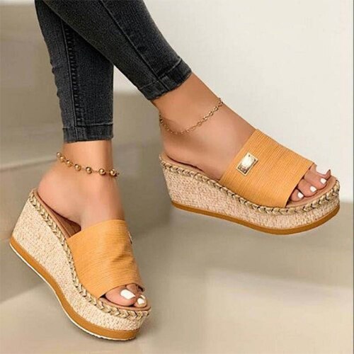 Back to school outfit lovevop Women Wedges Slippers Ladies Hemp High Heels Platform Summer Women's Casual Woman Fashion Denim Female Peep Toe Beach Shoes