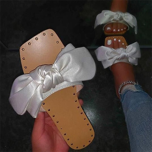 Back To School Outfit lovevop Summer Women Bowtie Slippers Women's Silk Flat Woman Rivet Ladies Open Toe Slides New Female Non Slip Elegant Shoes Plus Size
