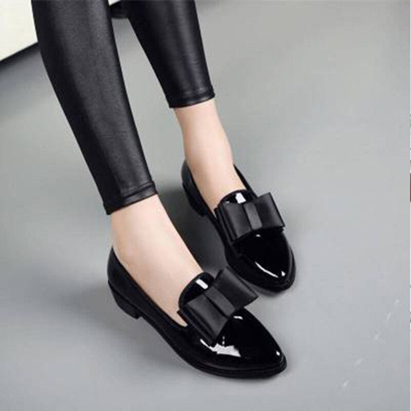 Back to school outfit lovevop Women Bow Low Heels Women's Pointed Toe Pumps Patent Leather Platform Woman Slip On Fashion Female Footwear Ladies Shoes