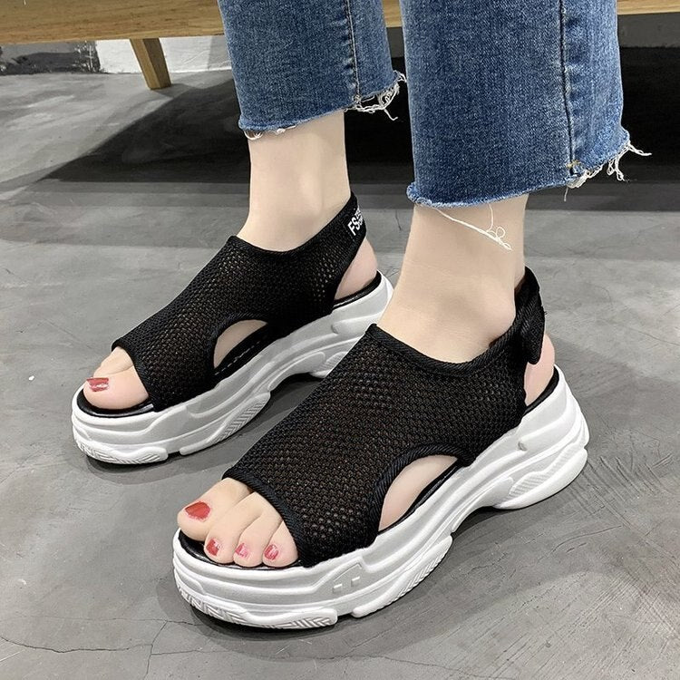 lovevop Hollow Women Sports Sandals Platform Wedges Heels Knit Woman Shoes Fish Mouth Thick Bottoms Summer Ladies Rome Shoes