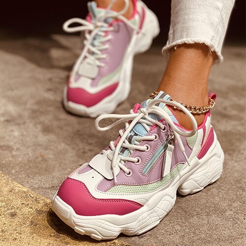 Back to school outfit lovevop Women Lace Up Sneakers Woman Chunky Zip Breathable Vulcanized Ladies Comfortblae Flat Female Casual Tennis Shoes Plus Size