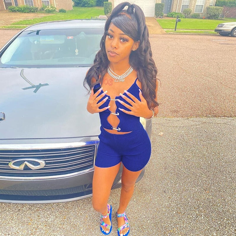 Back to college Summer Ribbed Women Two Piece Set Pins Crop Top Slit Biker Short Suit Matching Outfits Tracksuit Sportswear Club Y2K