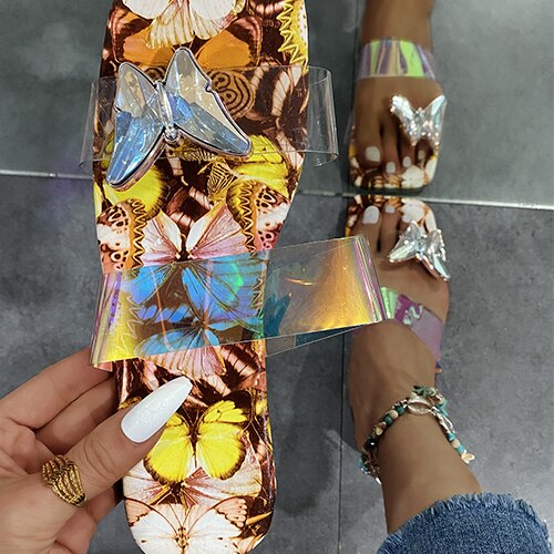 Back To School Outfit lovevop Women Summer Crystal Slippers Woman Transparent Flats Ladies Casual Print Slides Female Comfort Beach Shoes Plus Size