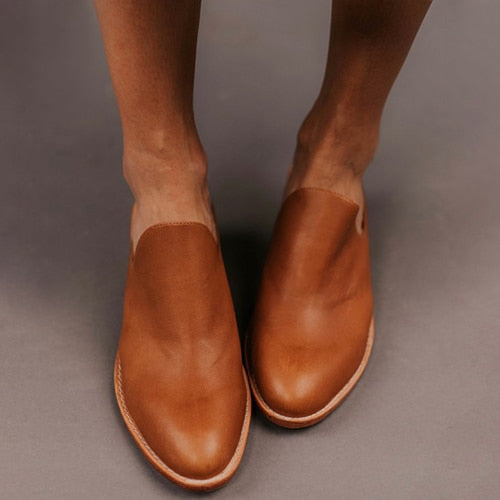 Back to school lovevop Woman Mid Thick Heels Women Leather Sewing Slipper Ladies Round Toe Women's Slip On Female Comfortable Shoes Plus Size 43