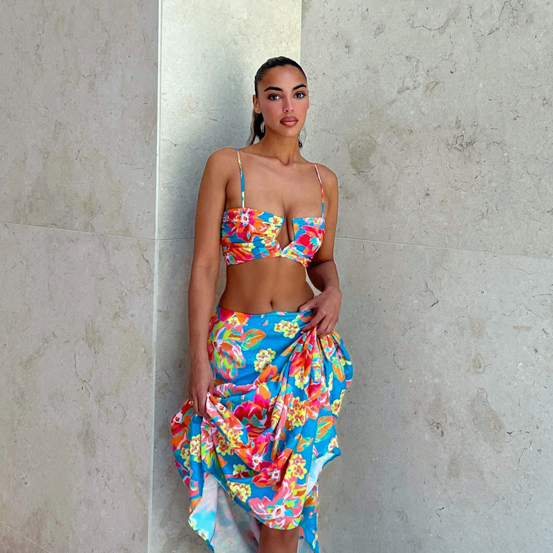 lovevop Back to college Colorful Flower Print Sleeveless Slip Crop Top Folds Skirts 2 Pieces Set Summer Women Clothes Beach Festival Y2K