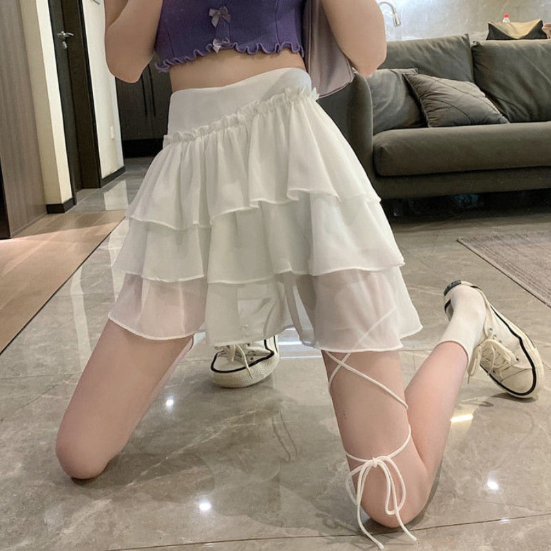 lovevop Back to college Kawaii White Mini Skirts Women Fairycore Bandage Ruffle Patchwork Irregular High Waist Layer Skirt Shorts Party