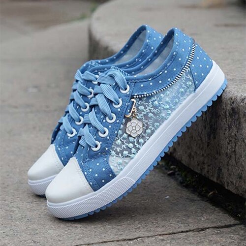Back to school lovevop Women Canvas Chain Metal Lace Vulcanized Female Summer Lace-Up Breathable Fashion Footwear Ladies New Casual Comfort Flat