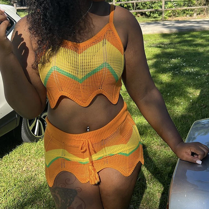 Back to college Crochet Sleeveless Patchwork Slips Crop Top Bandage Skirts 2 Pieces Matching Set Summer Streetwear Beach Outfit