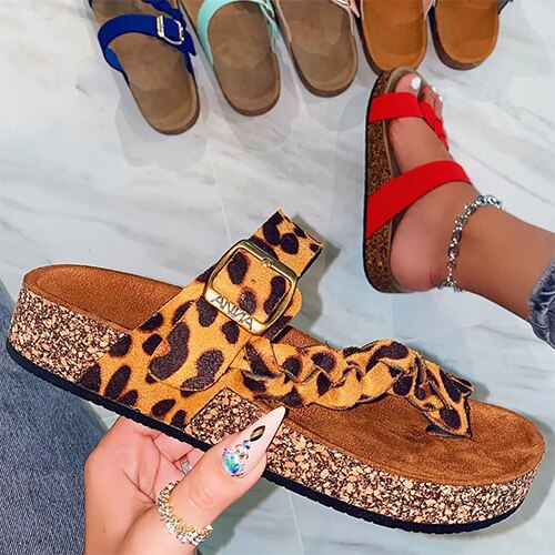 Back to school lovevop Women Leopard Buckle Flip Flops Platform Slippers Female Weave Wedges Ladies Casual Slides Summer Shoes Plus Size Footwear