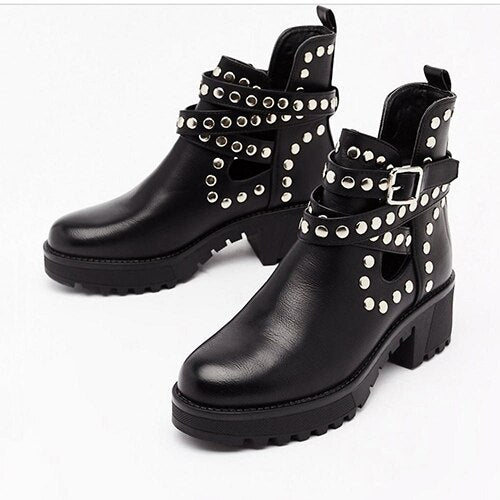 lovevop Women Gothic Ankle Boots Woman Rivet Platform Mid Heels Women's Punk Cool Pumps Ladies Footwear Chunky Female Shoes Big Size