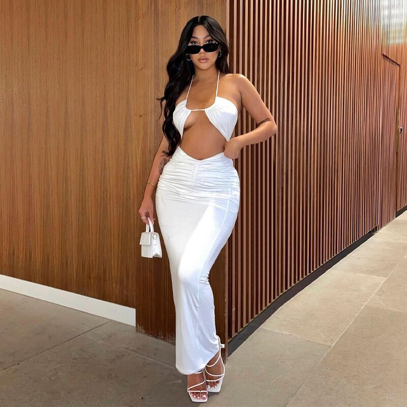 Back to college Solid Halter Backless Draped Bandage Hollow Out Crop Top Dress 2 Piece Matching Set Summer Elegant Outfit Party Y2K