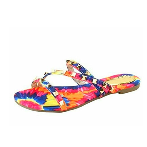 lovevop Women Mixed Color Rivet Slippers Woman Graffiti Tie Dye Slides Summer Ladies Casual Beach Flats Female Big Size Footwear