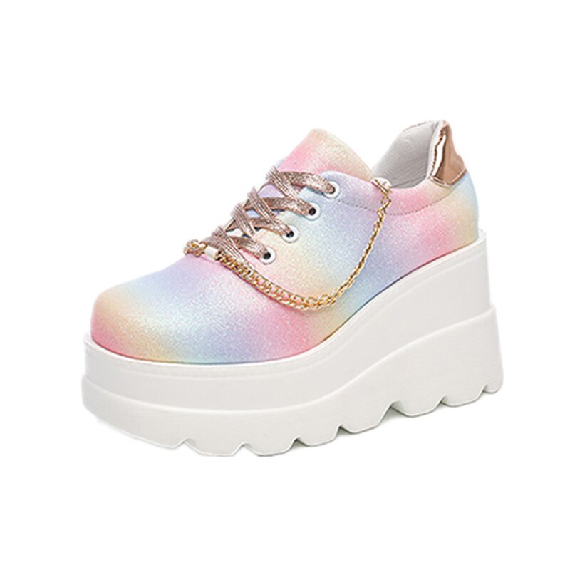 lovevop Summer Fashion Colorful Leather Shoes Women's Golden Thin Flash Lace Wedge Heel Thick Bottom Heightening Casual Sports Shoes