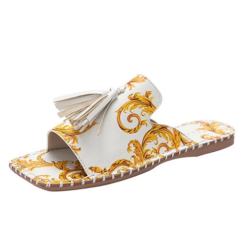 Back to school lovevop Women Home Summer Slippers Woman Retro Mules Tassel Totem Square Toe Slides Ladies Casual Flats Female Comfortable Plus Size