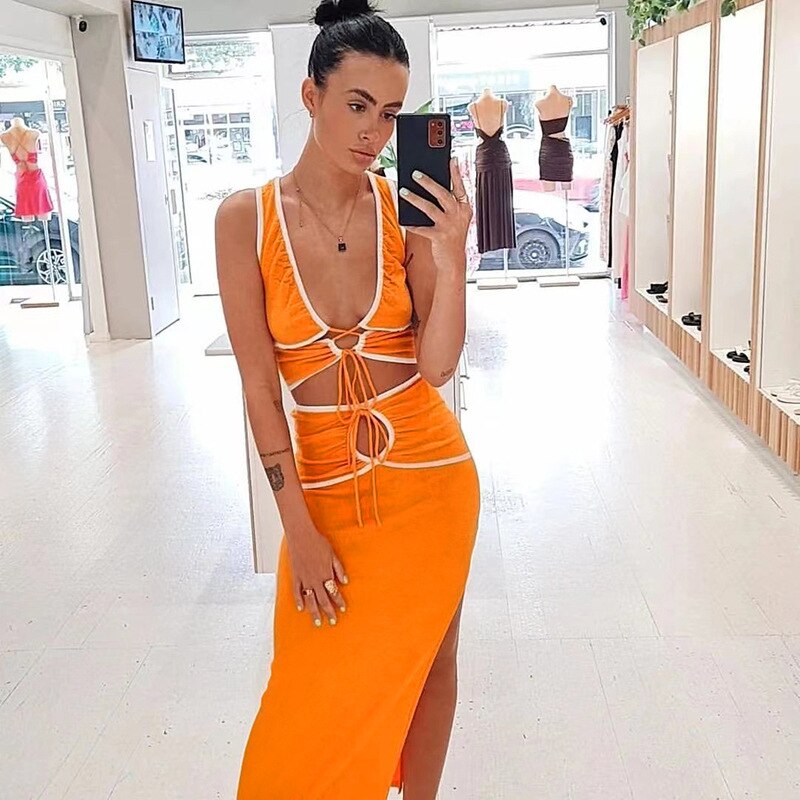 Aomzae Summer Two Piece Set Women Skirt And Cropped Set Bandage Cut Out Vacation Beach Outfits Boho Long Dress Suits