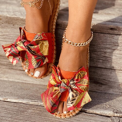 Back To School Outfit lovevop Women Summer Bowtie Slippers Woman Print Slides Ladies Sewing Flats Women's Footwear Female Casual Beach Shoes Plus Size