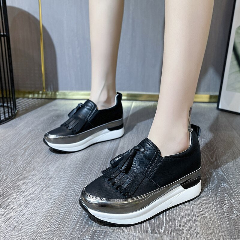 lovevop Women Tassel Bowtie Loafers Woman Slip On Sneakers Ladies Soft PU Leather Sewing Flat Platform Female Shoes Zapatos Mujer