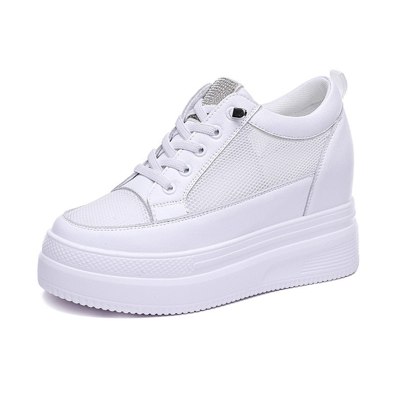 lovevop Women Summer Shoes Chunky Sneakers Air Mesh Hollow Out Genuine Leather White Wedge Shoes Platform Heel Pumps Mujer Bombas