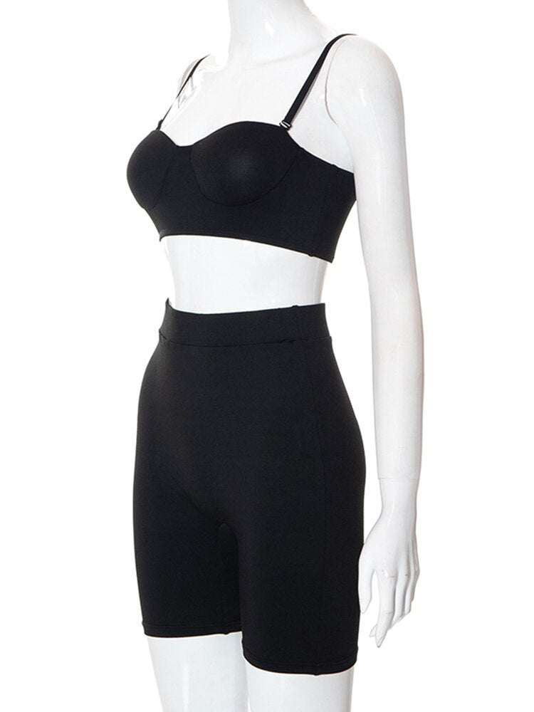 Back to college Solid Sleeveless Bodycon Slips Crop Top Caims Shorts 2 Pieces Set Summer Women Beach Sports Clothes Y2K