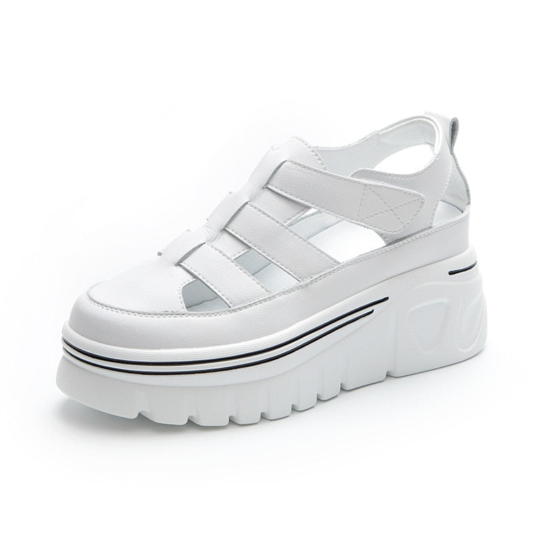 lovevop 6Cm Genuine Leather Women Platform Sandals Wedge Slides Hook Look Women Summer Shoes Slides Slippers Elegant White Shoes