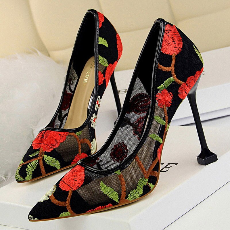 lovevop Summer Fashion High Heels Women's Floral Embroidered Lace Party Stiletto High Heels Mesh Women's Shoes