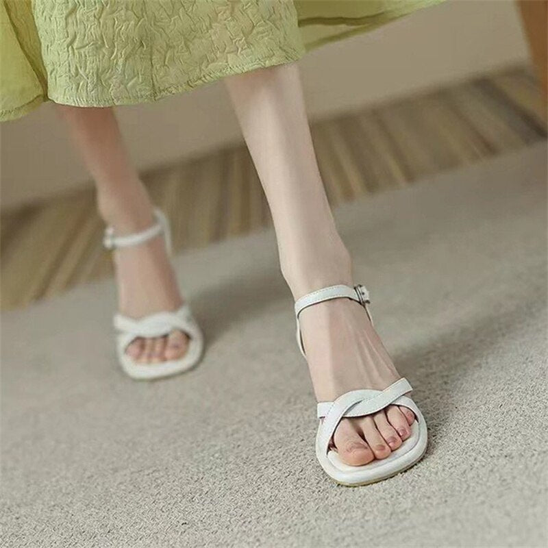 lovevop One Word Buckle High Heel Sandals Women's Summer New Shoes Open Toe Thick Heel Simple Fashion Women's Shoes Roman Shoes