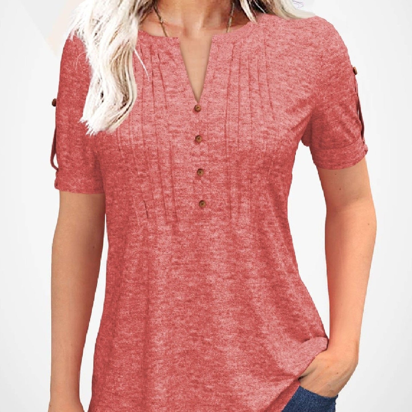 「lovevop」Women's T-shirt Casual Crew Neck Solid Pleated Button Short Sleeve Loose Fashion Summer T-shirt