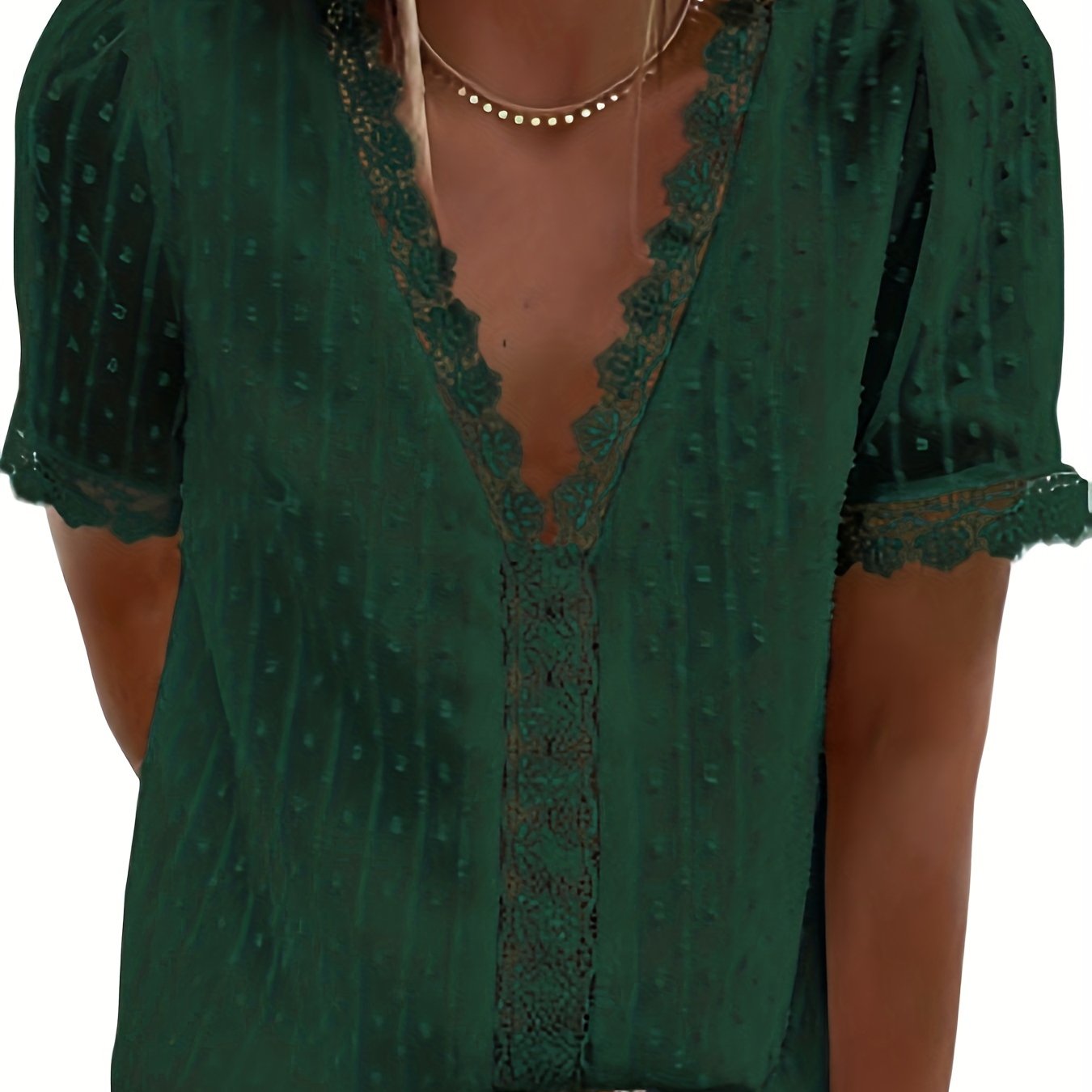 「lovevop」Swiss Dot Lace Contrast Eyelet Blouse, Elegant V Neck Short Sleeve Blouse For Spring & Summer, Women's Clothing