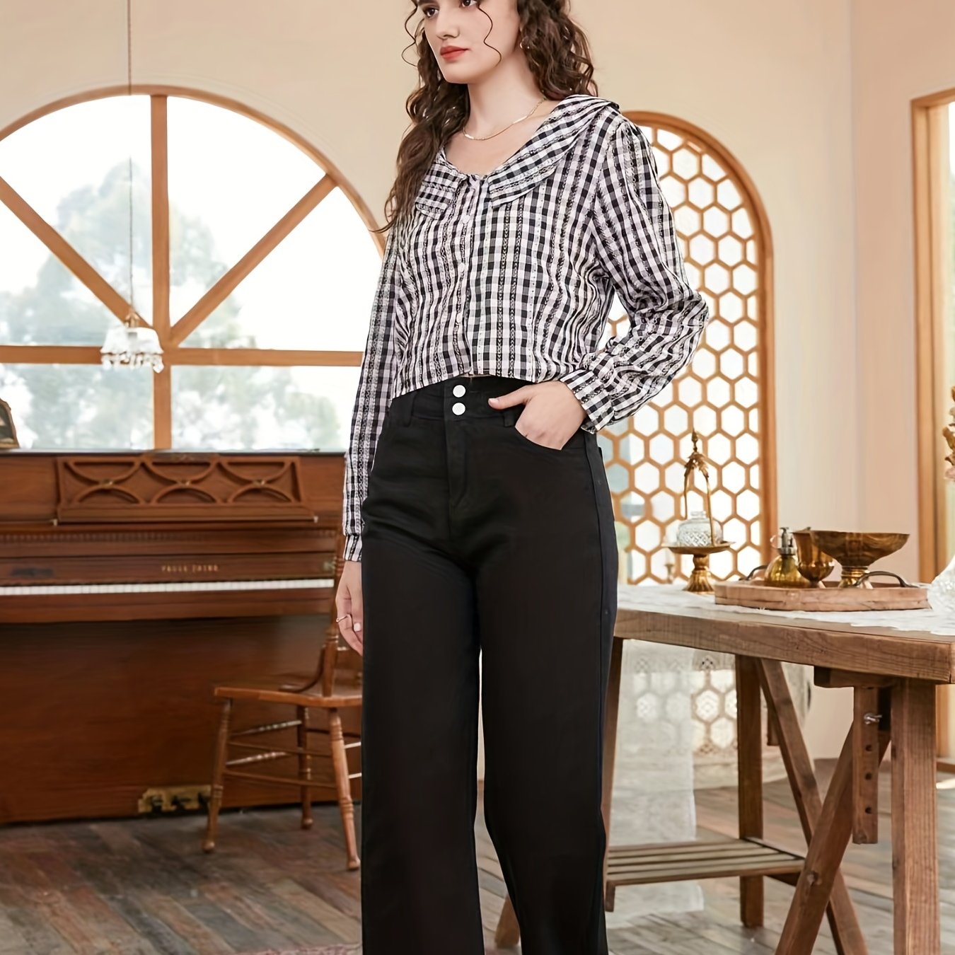 「lovevop」Causal Solid Color Double Buttons Jeans, Slash Pockets Loose Chic Straight Leg Denim Pants,Women's Denim Jeans & Clothing