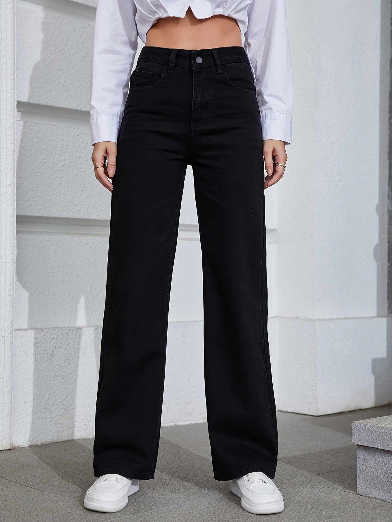 「lovevop」Black Wide Leg Straight Jeans, Slash Pockets Loose Fit High Waist Denim Pants, Women's Denim Jeans & Clothing