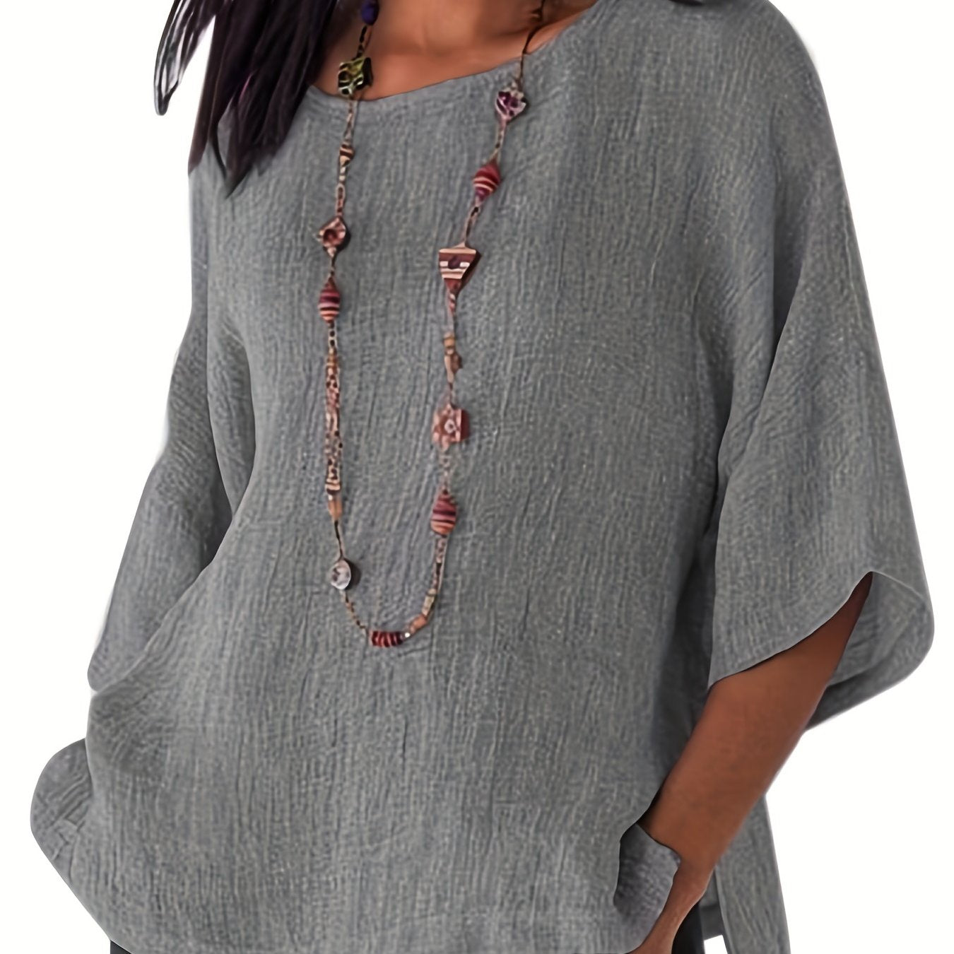 「lovevop」Crew Neck Loose Blouses, Casual Solid 3/4 Sleeve Fashion Shirts Tops, Women's Clothing