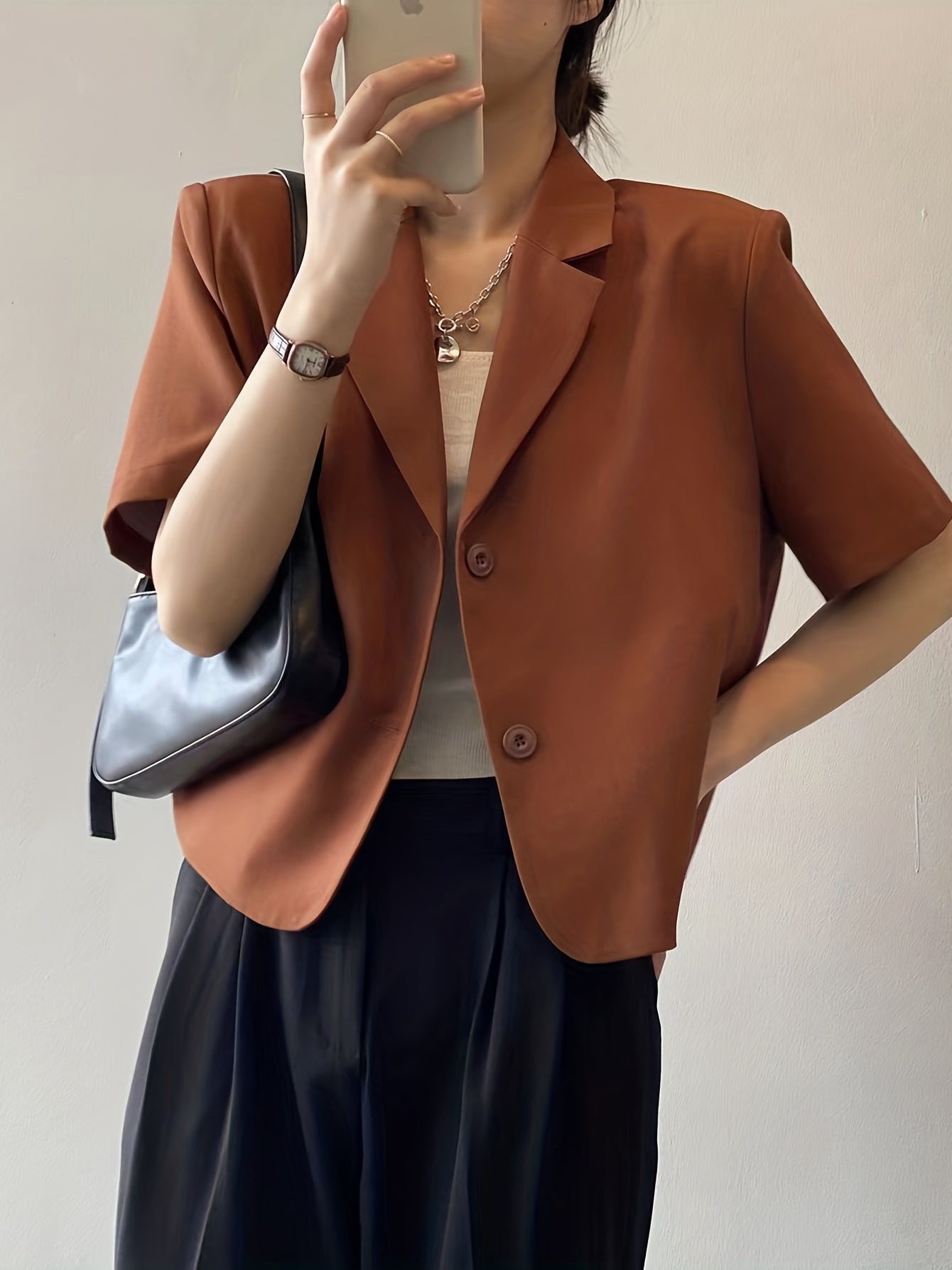 「lovevop」Solid Color Short Sleeve Blazer, Elegant Button Front Blazer For Office & Work, Women's Clothing
