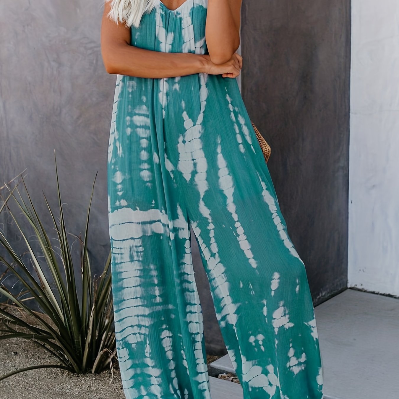 「lovevop」Boho Tie Dye Print Cami Jumpsuit, V Neck Loose Casual Jumpsuit For Spring & Summer, Women's Clothing