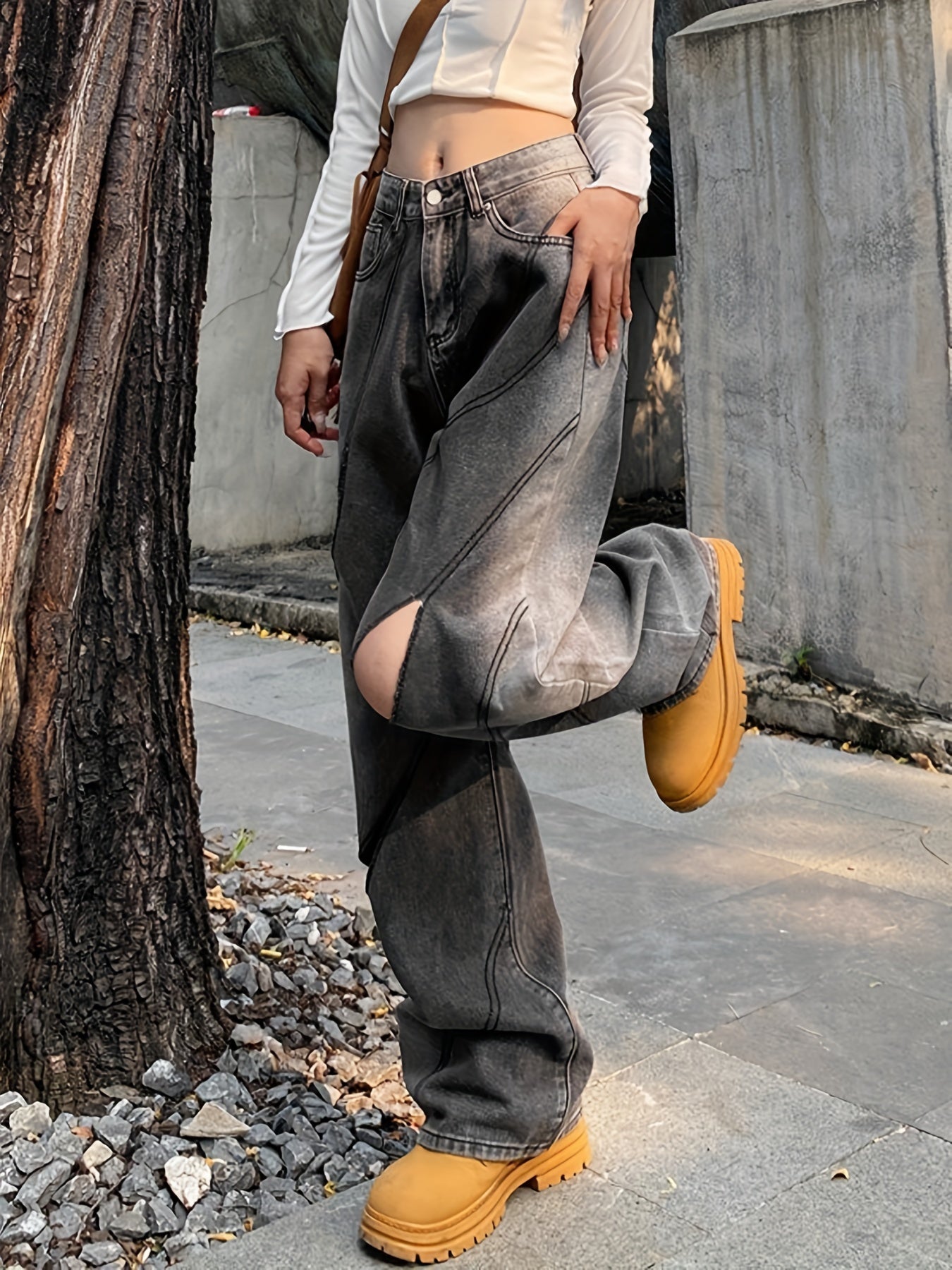 「lovevop」Cut Out Stitching Detail Wide Leg Jeans, Dark Grey Washed Zipper Button Closure Street Style Denim Pants, Women's Denim Jeans & Clothing