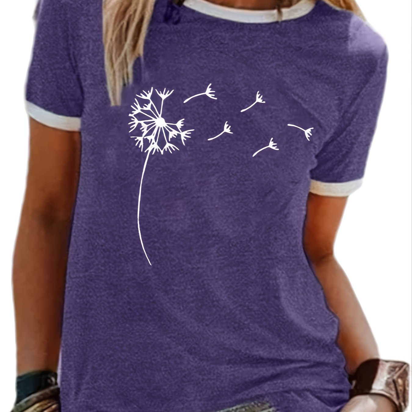 「lovevop」Pomegranate Print Crew Neck Short Sleeve Basic T-Shirt, Casual Every Day Tops, Women's Clothing