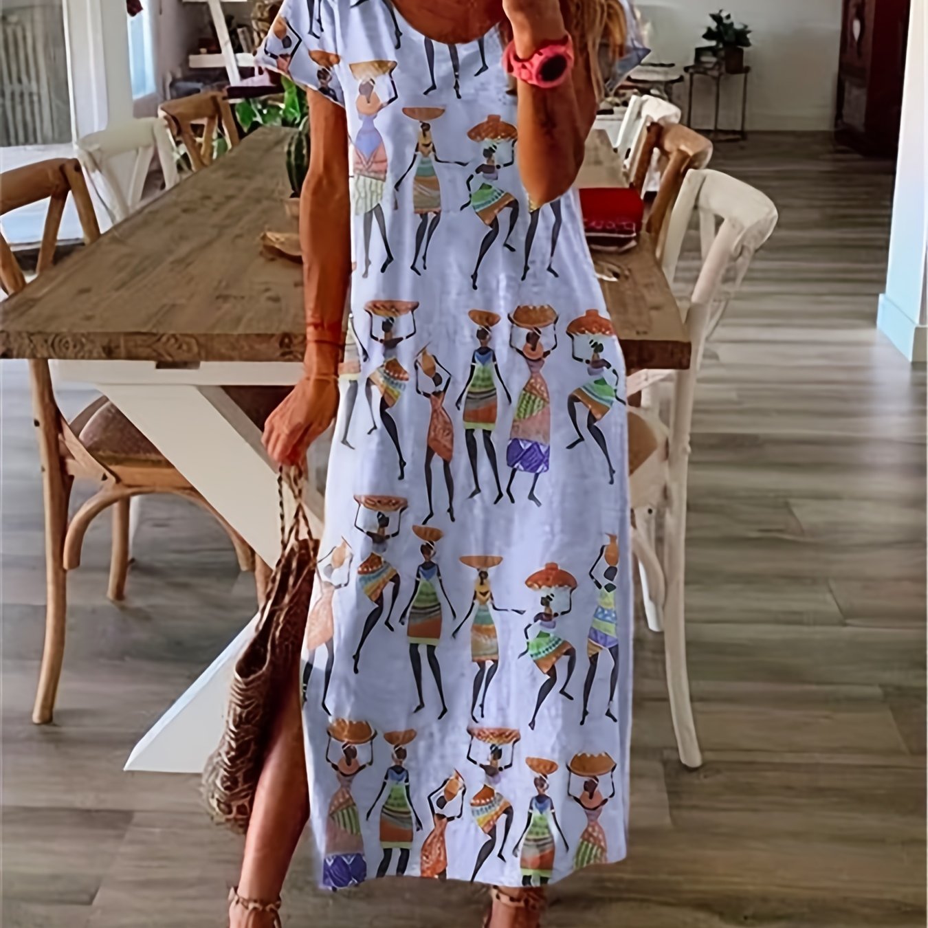 「lovevop」Cartoon Portait Print Dress, Vintage Split Hem Crew Neck Short Sleeve Ethnic Dress, Women's Clothing