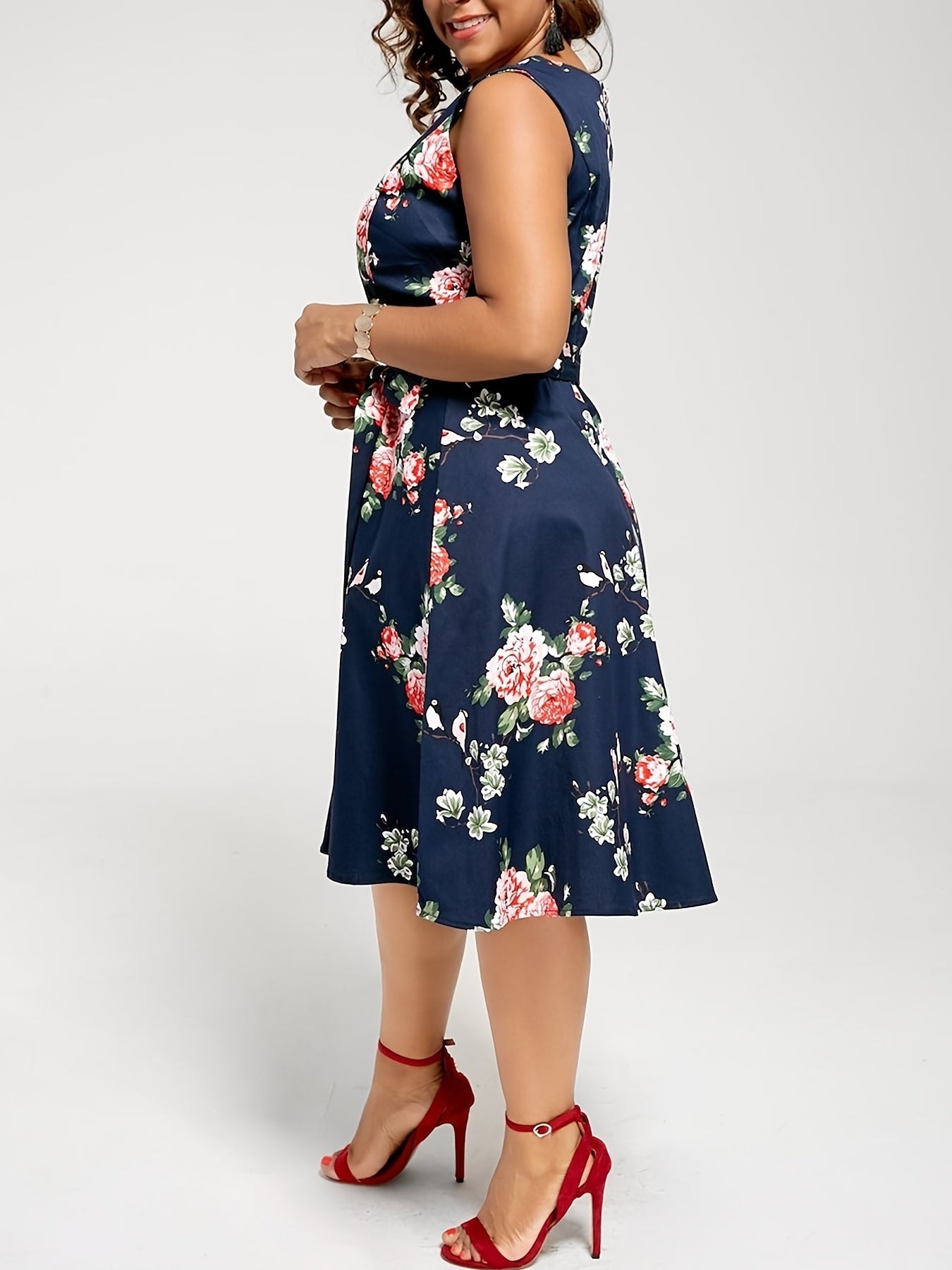 「lovevop」Floral Print Crew Neck Elegant Dress, Slim Sleeveless Belted High Waist Dress, Women's Clothing