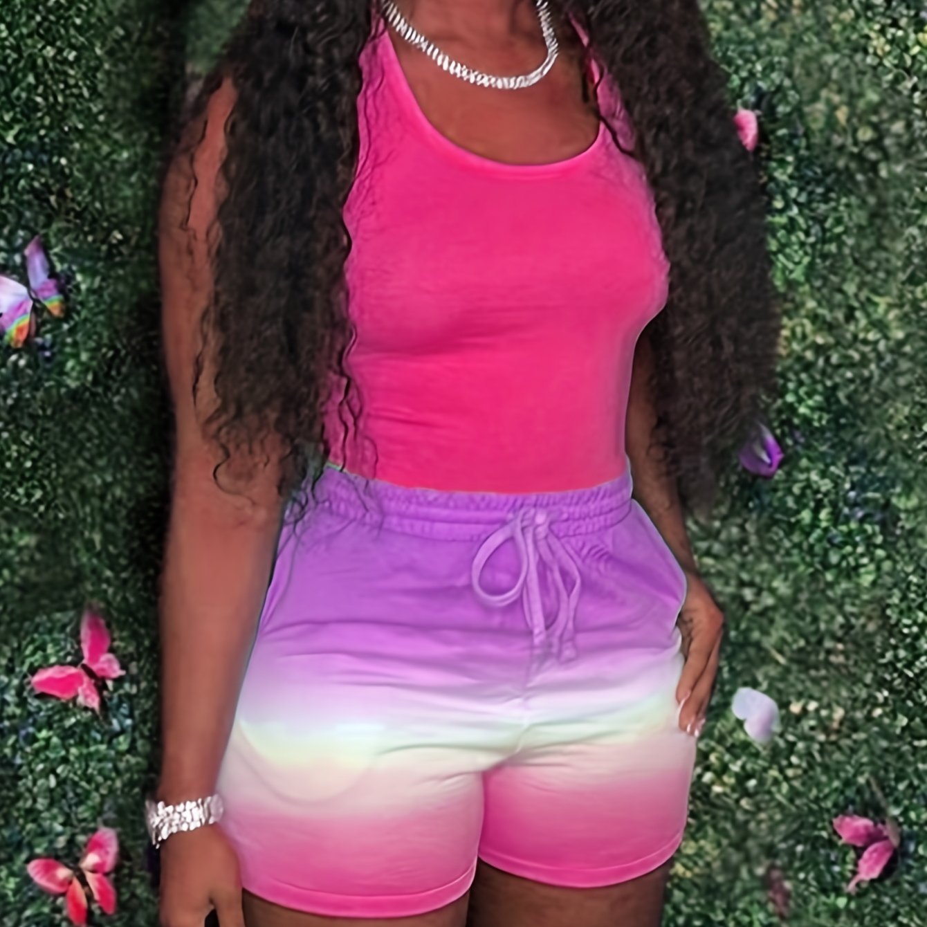 「lovevop」Tie Dye Two-piece Tank Top Set, Sleeveless Casual Tank Top & Drawstring Waist Shorts 2pcs Outfits For Summer & Spring, Women's Clothing