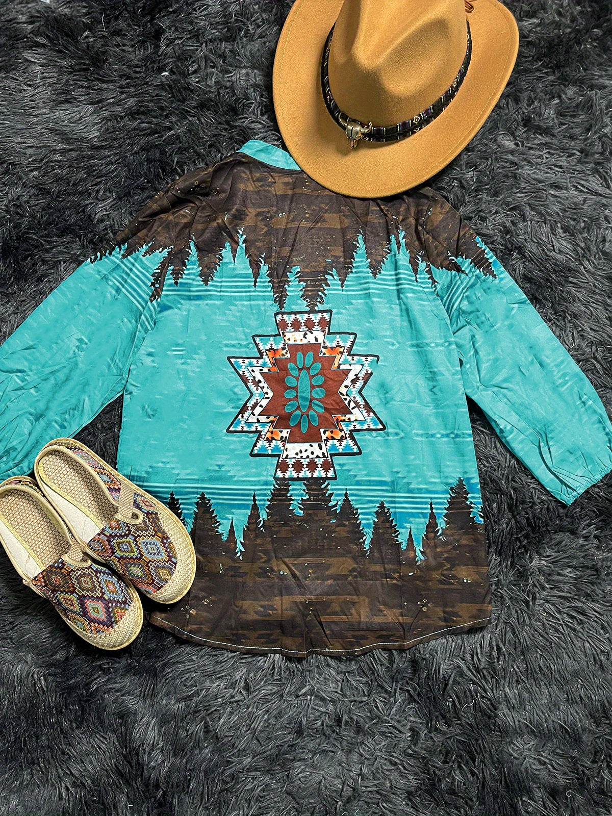 「lovevop」Western Geo Print Blouse, Casual Button V Neck 3/4 Sleeve Blouse For Spring & Summer, Women's Clothing