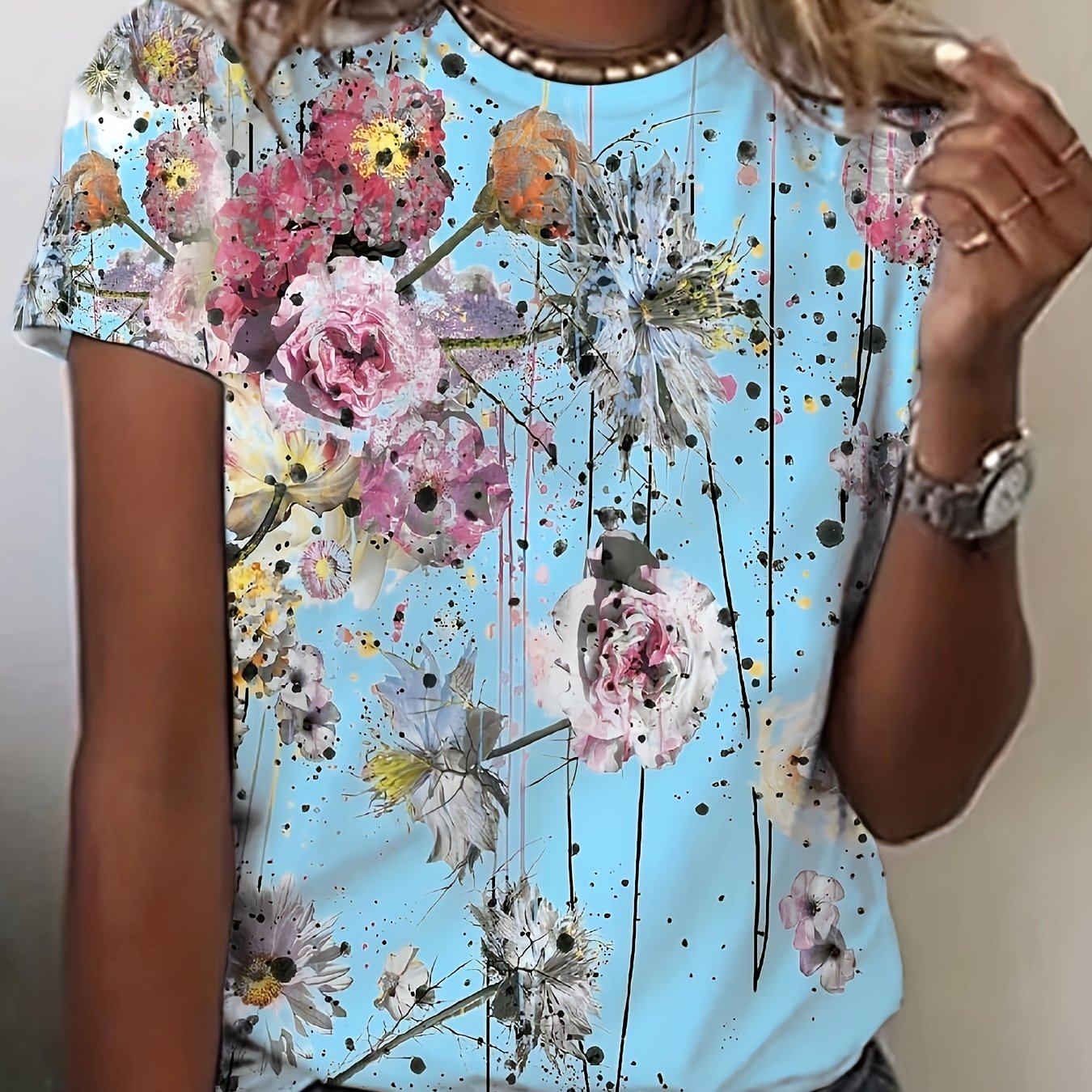 「lovevop」Floral Print Crew Neck T-Shirt, Casual Short Sleeve T-Shirt For Spring & Summer, Women's Clothing
