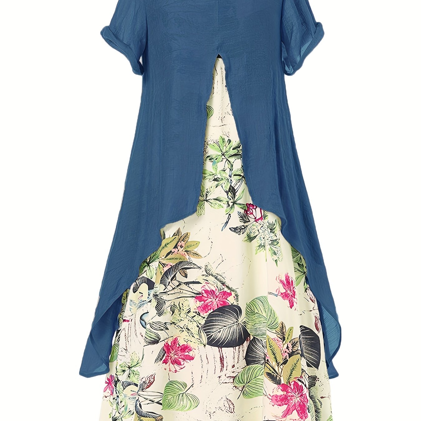 「lovevop」Casual Asymmetrical Floral Print Dress, Crew Neck Short Sleeve Dress, Casual Every Day Dress, Women's Clothing