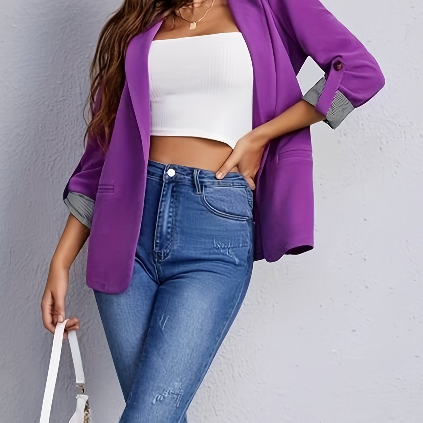 「lovevop」V-neck Pocket Basic Blazer Coat, Casual Long Sleeve Fashion Loose Blazer Outerwear, Women's Clothing