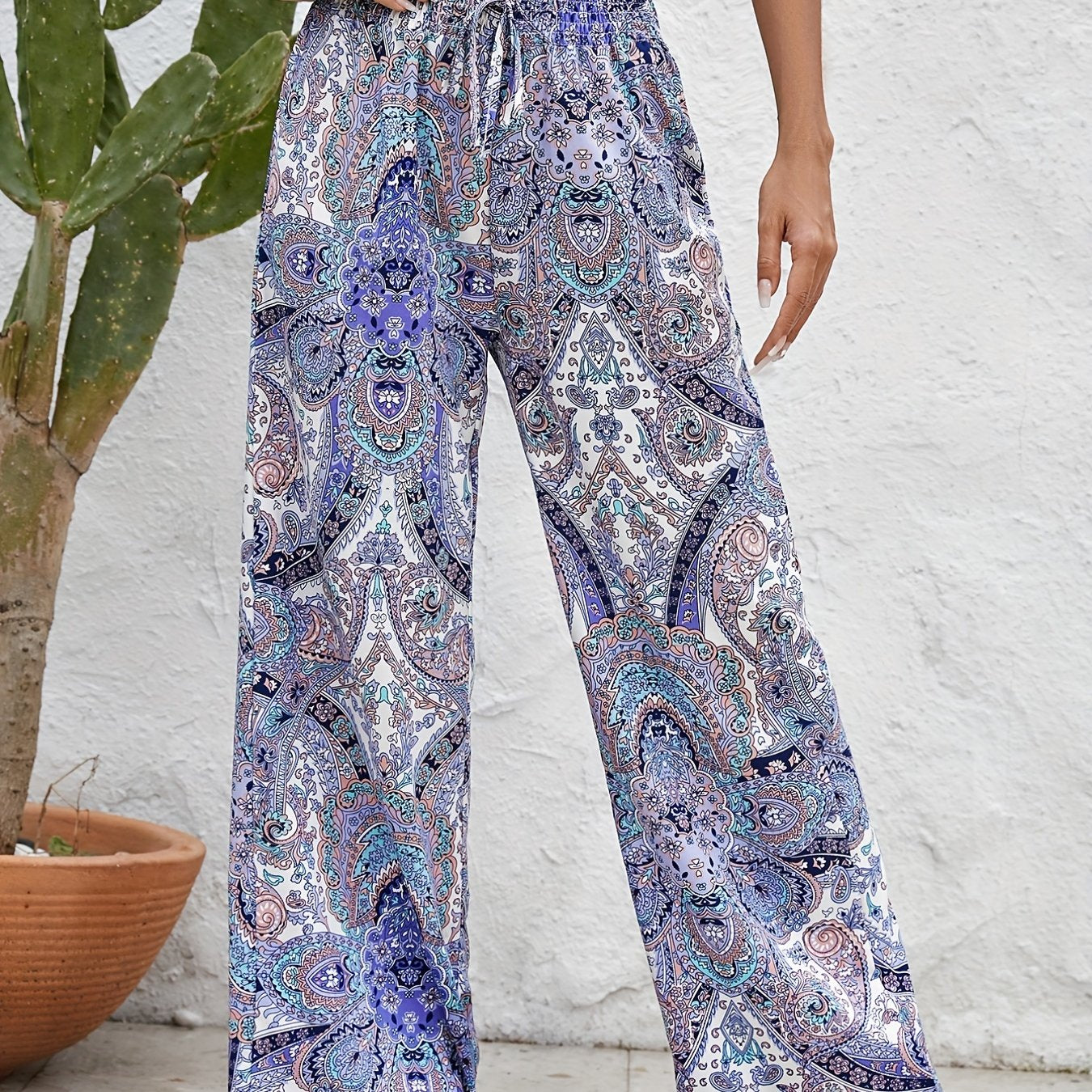 「lovevop」Boho Paisley Print Wide Leg Pants, Boho Drawstring Elastic Pants, Women's Clothing