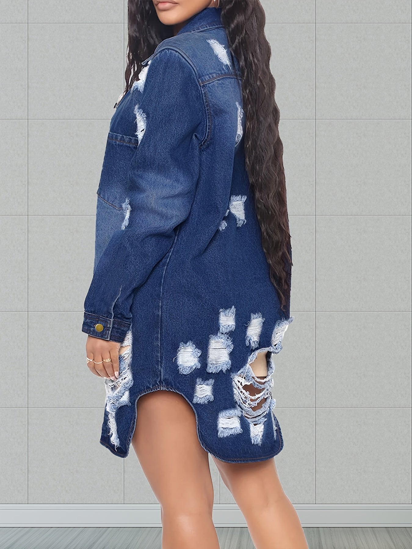 Lovevop-Long Sleeve Destroyed Butt Cover Denim Shirt, Ripped Fabrics Patch Pockets Button Closure Solid Color Shirt, Women's Denim & Clothing