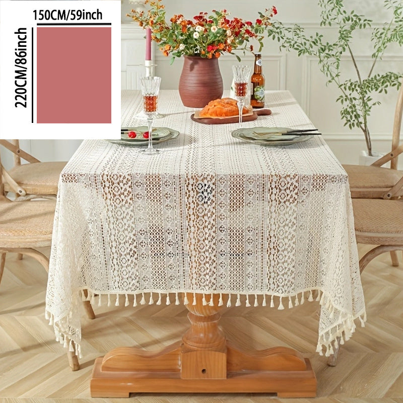 1pc Exquisite Bohemian Crochet Lace Tablecloth - Striking Geometric Stripe Design with Tassel Trim - Timeless Farmhouse Style for Kitchen, Dining, Buffet, Holidays, Parties, Weddings & Home Decor