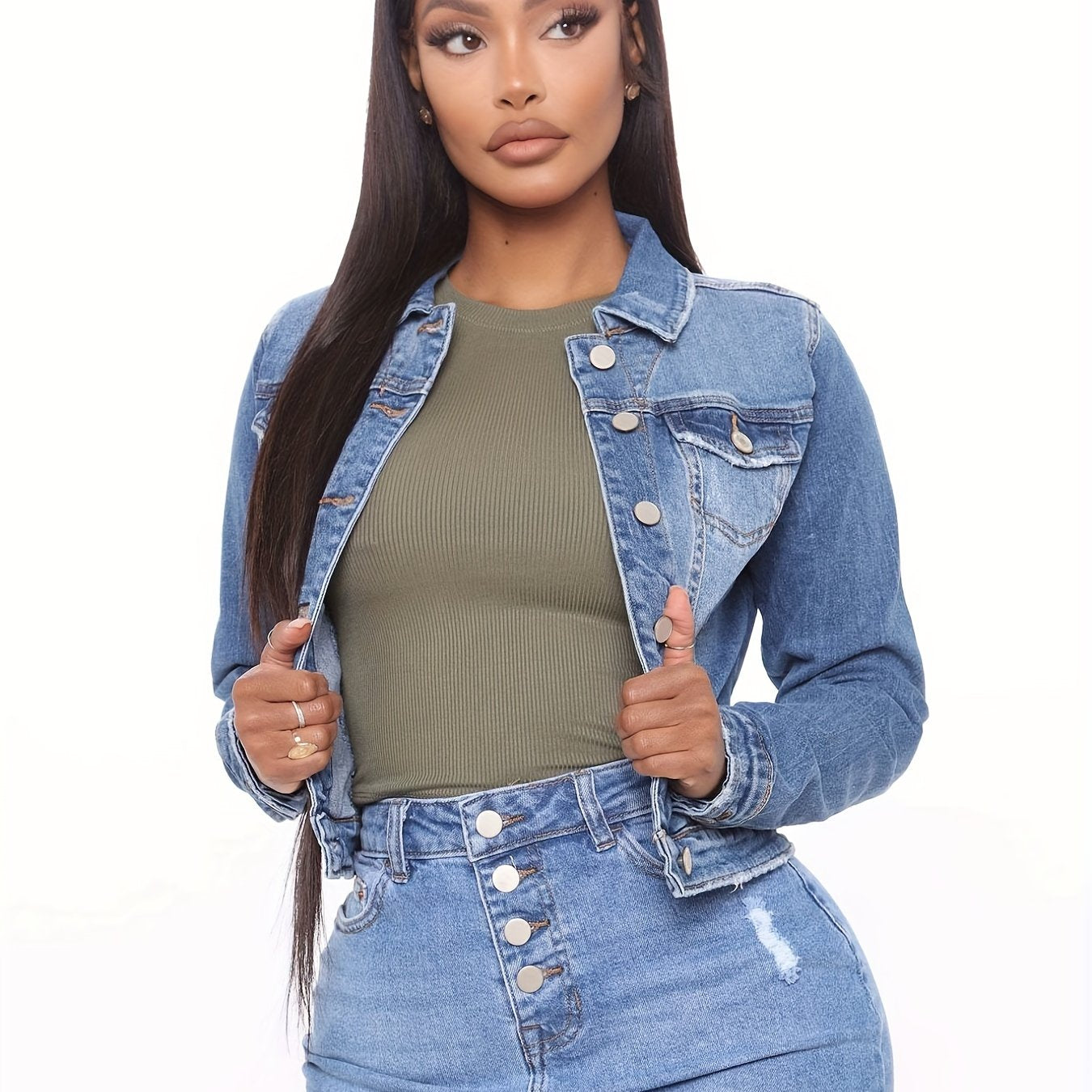 Lovevop-Blue Long Sleeves Denim Coats, Single-Breasted Button Flap Pockets Lapel Denim Jackets, Women's Denim Clothing