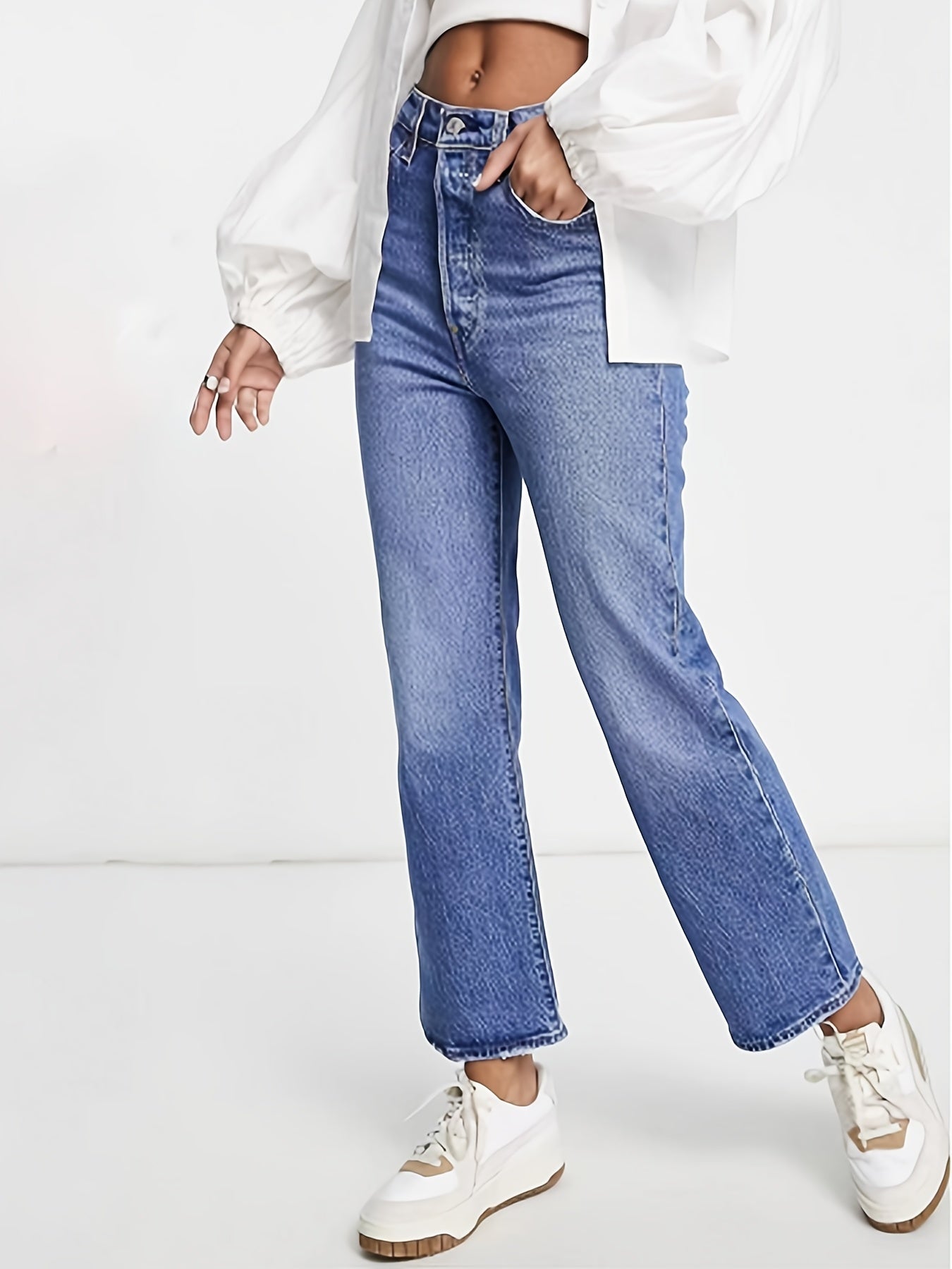 「lovevop」Washed Blue Boot-Cut Denim Pants, High Waist Slash Pockets Wide Leg Flare Leg Jeans, Women's Denim Jeans & Clothing