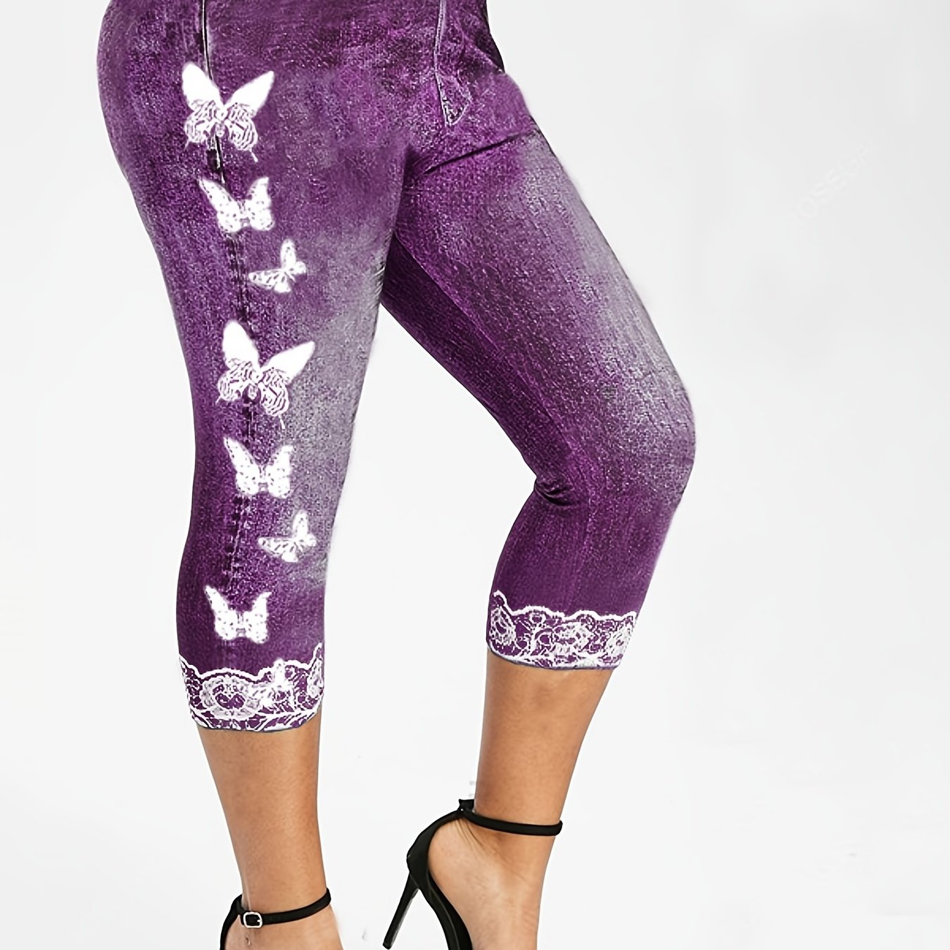 「lovevop」Butterfly & Denim Print Skinny Leggings, Stretchy High Waist Lifting Yoga Leggings, Women's Clothing