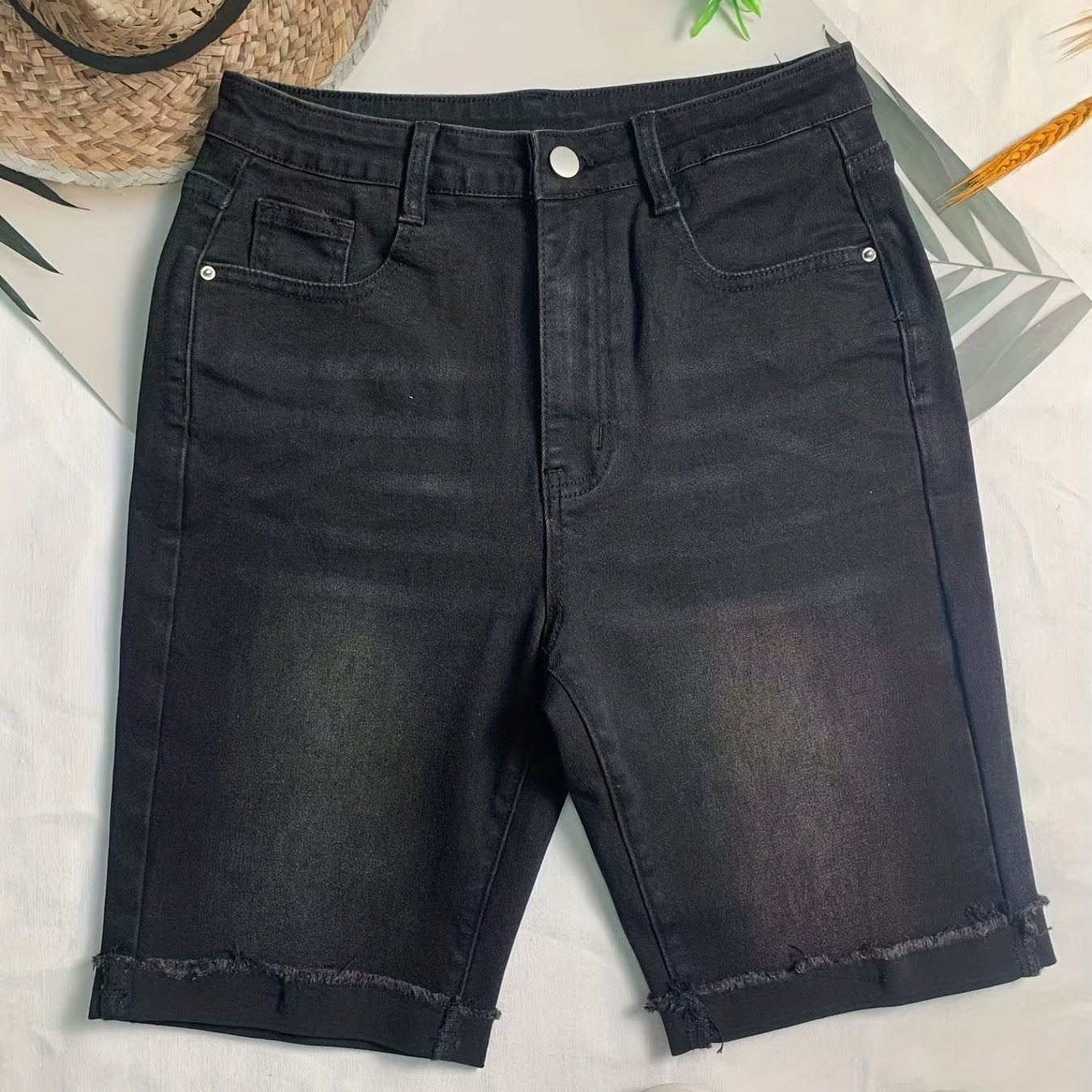 「lovevop」Solid Color Washed Blue Roll Cuff Denim Pants, Distressed Raw Hem High Strech Mid Length Shorts, Women's Denim Jeans & Clothing