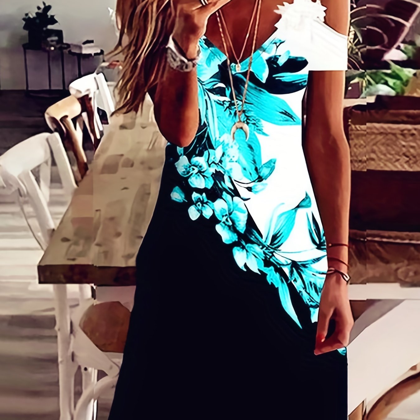 「lovevop」Floral Print Cold Shoulder Dress, Casual V Neck Color Block Dress For Spring & Summer, Women's Clothing